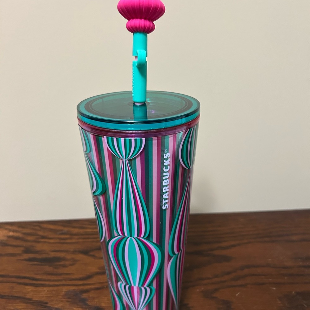 Starbucks Striped Christmas Tumbler with Pink and Teal Accents